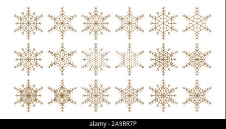 Geometric design elements like snowflakes based on japanese ornament kumiko ..Gold silhouette lines..Average thickness lines. Stock Vector