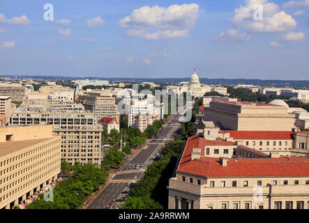 Washington DC, Pennsylvania Avenue, aerial view with federal buildings including US Capitol Stock Photo