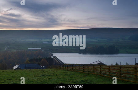 Stott Hall Farm across Booth Wood Reservoir from Pike End Road nr Mount Pleasant Farm Rishworth Stock Photo