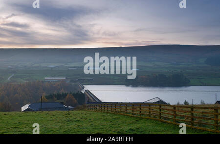 Stott Hall Farm across Booth Wood Reservoir from Pike End Road nr Mount Pleasant Farm Rishworth Stock Photo