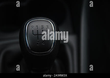 Gear shift handle in a modern car. Manual transmission. The gear change lever Stock Photo