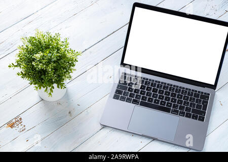 The Laptop with blank screen and green plant on white wooden table. Workspace. Copy space. Stock Photo