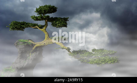 old tree growing on a rock, fairy tale landscape with cloudy background Stock Photo