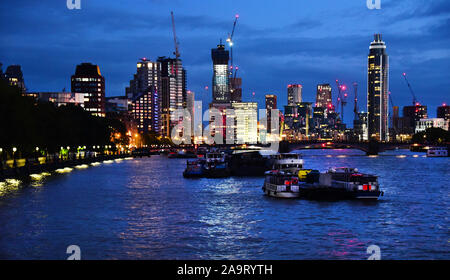 London, UK. 06th Sep, 2019. In front of the skyline with the 181 metre high Vauxhall Tower (r), ships sail on the Thames. Credit: Waltraud Grubitzsch/dpa-Zentralbild/ZB/dpa/Alamy Live News Stock Photo