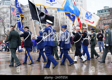 Many Veterans all over Wisconsin come out to Veterans Day Parade - Honor Our Military ceremony service at Milwaukee County War Memorial. Stock Photo