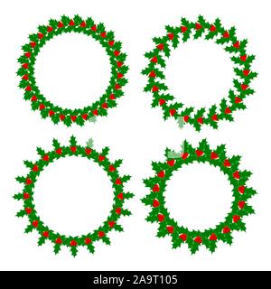 Holly leaves berries wreaths frames set isolated on white background with empty space for your text, design element. Stock Vector