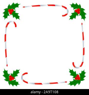 Christmas greeting holiday card border vector design template with Holly leaf and caramel cane with copy space for your text. Stock Vector