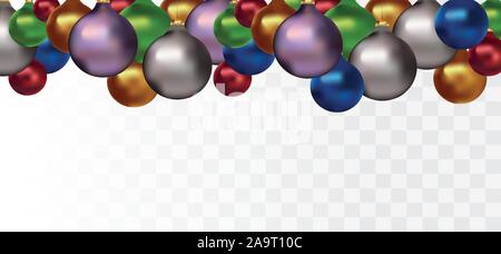 Christmas toys on transparent background. Hanging colors christmas balls. Happy new year. 3D realistic balls with copy space for your text. Horisontal Stock Vector