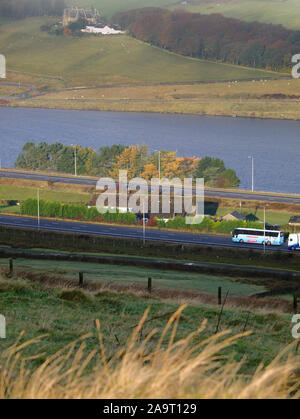 Stott Hall Farm, Booth Wood Reservoir & M62 in the mist fog from B6114 Saddleworth Road nr Moselden Height Scammonden Stock Photo