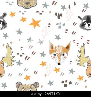 Seamless fox pattern with cute heads of animals, stars and abstract shapes. Cute Scandinavian Style Stock Vector