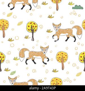Seamless Pattern with cute Foxes. Scandinavian Style. Vector Illustration Stock Vector