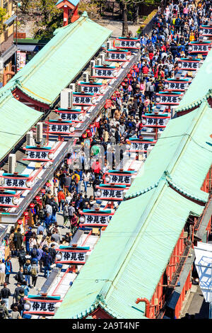View of the crowded Nakamise shopping street near Sensoji temple in