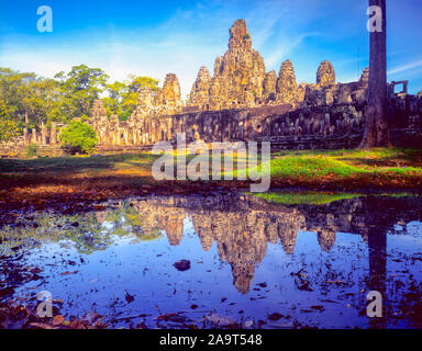 Bayon Temple relections, Angkor Watt Acheological Park, Cambodia, City of Angkor Thom Built 100-1200 AD KHmer Culture ruins in SE Asia jungle-