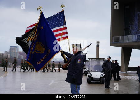 Many Veterans all over Wisconsin come out to Veterans Day Parade - Honor Our Military ceremony service at Milwaukee County War Memorial. Stock Photo