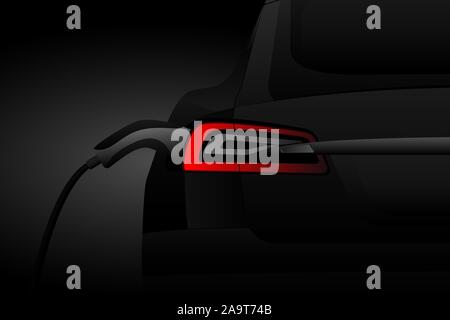 Black electric car with a charging station in the dark. Vector banner template Stock Vector