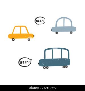 Kids illustration with hand drawn cute cars. Beep. Stock Vector