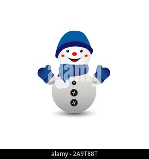 Cartoon snowman in a blue hat and blue mittens. White, isolated background. Vector illustration. Stock Vector