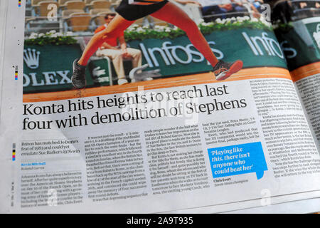 'Konta hits heights to reach las four with demolition of Stephens'   tennis sports article in the Guardian newspaper June 2019 London UK