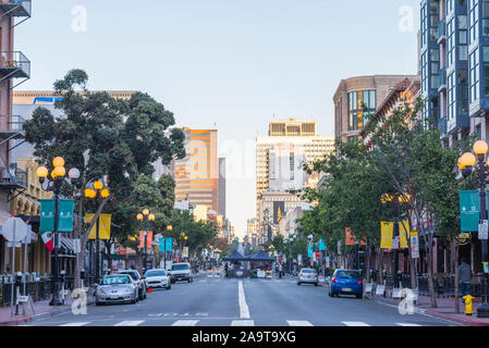 Street view looking up 5th Avenue in the Gaslamp Quarter in the morning.  San Diego, California, USA. Stock Photo