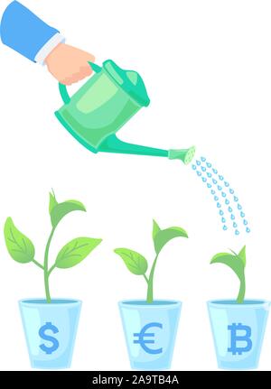 Success business symbol - hand with can watering pot plants. Choice between currencies dollar, euro bitcoin. Financial investment concept, currency exchange idea. Cash Saving money vector illustration Stock Vector