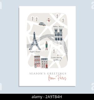 Cute Christmas greeting card, invitation with map of Paris. Hand drawn French streets, houses, Notre Dam cathedral and Eiffel tower. Winter design Stock Vector