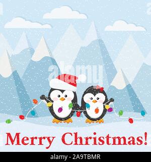 Merry Christmas card with cute penguin couple with garland on arctic landscape background. Stock Vector