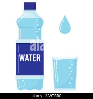 Plastic bottle of water with bubbles, full glass of water and water drop icon set isolated on white background. Stock Vector