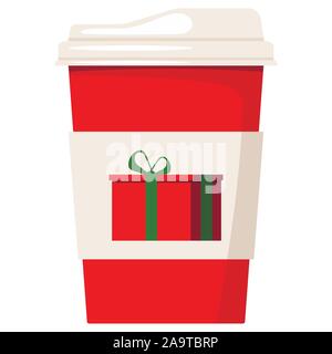Merry Christmas coffee or tea cup decorated red present with green bow vector illustration isolated on white background. Stock Vector