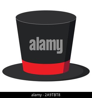 Black magician cylinder hat with red ribbon isolated on white background. Stock Vector