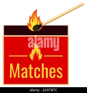 Burning match and matchbox flat design icon isolated on white background. Stock Vector