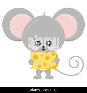 Cute mouse and cheese in paws vector illustration. Stock Vector