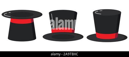 Black magician cylinder hats with red ribbon set. Stock Vector