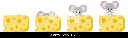 Cute peek out mouse and cheese vector flat image set isolated on white background. Stock Vector