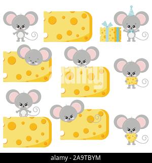 Cute mouse and cheese vector flat set isolated on white background. Stock Vector