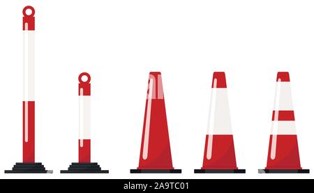 Red color plastic road traffic cone set isolated on white background. Stock Vector