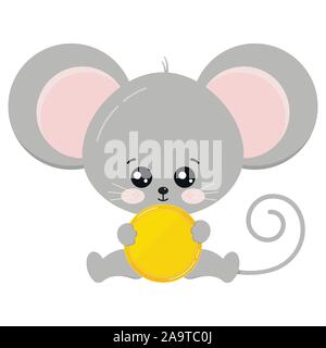 Cute mouse sit with golden coin in paws vector illustration. Stock Vector