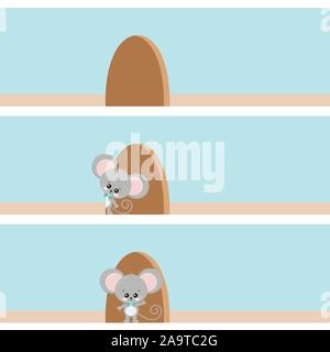 Cute mouse looking out of the hole in the wall, standing in the doorway of a hole. Stock Vector