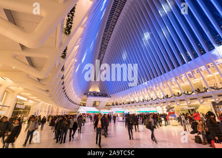 The Oculus interior with Christmas decorations in winter. Westfield World Trade Center, Manhattan, Financial District, New York City, NY, USA Stock Photo