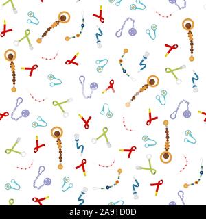 Illustration on theme seamless pattern baby pacifiers, dummy with rubber nipple. Baby pacifiers consisting of collection to newborn, good dummy nipple Stock Vector
