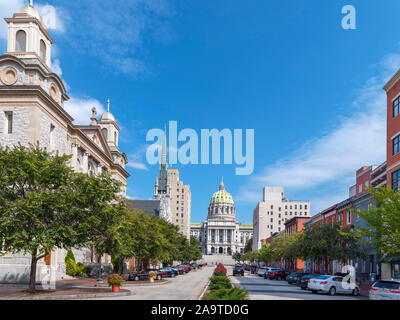 State Street in downtown looking towards the Pennsylvania State Capitol with the Cathedral of Saint Patrick to the left, Harrisburg, Pennsylvania, USA Stock Photo