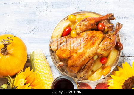 Thanksgiving dinner on white wooden table - top view Stock Photo