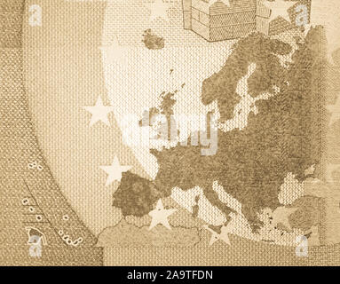 Map of Europe on a banknote of 50 euros close-up. Old retro vintage style photo.