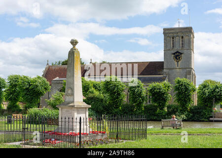 St Mary's Church and War Memorial, Duck pond, Haddenham, Buckinghamshire, England, United Kingdom Stock Photo
