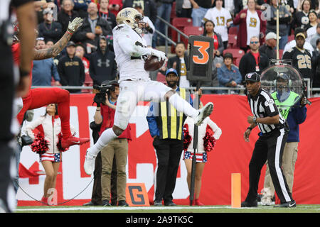 Tampa, Florida, USA. 17th Nov, 2019. New Orleans Saints linebacker Demario  Davis (56) reacts after interception a pass during the NFL game between the New  Orleans Saints and the Tampa Bay Buccaneers