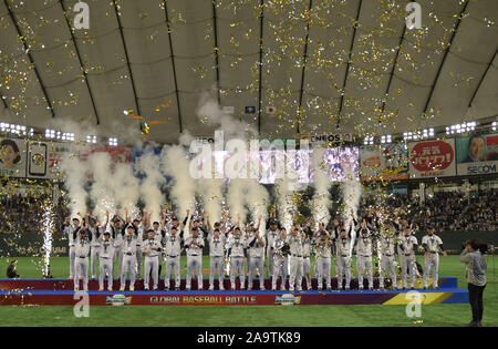 Tokyo, Japan. 17th Nov, 2019. Japanese team celebrate during the award ceremony after a 5-3 win over South Korea in the final game of the World Baseball Softball Confederation Premier12 tournament at the Tokyo Dome in Japan on Sunday November. 17, 2019. Photo by: Ramiro Agustin Vargas Tabares Credit: Ramiro Agustin Vargas Tabares/ZUMA Wire/Alamy Live News Stock Photo