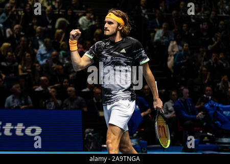 London, UK. 17th Nov, 2019. Stefanos Tsitsipas of Greece celebrates championship point in his singles final match against Dominic Thiem of Austria during Day Eight of the Nitto ATP World Tour Finals at The O2 Arena on November 17, 2019 in London, England. Credit: Independent Photo Agency/Alamy Live News Stock Photo