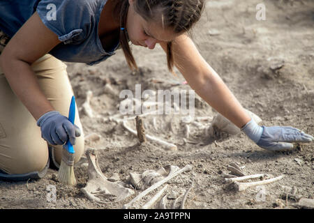 Vinča, Serbia, Sep 27, 2019: Young woman archeologist working on archeological excavations Stock Photo