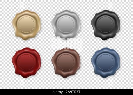 Vector 3d Realistic Vintage Retro Stamp Wax Seal Icon Set Closeup Isolated on Transparent Background. Design Template of Sealing Wax or Stamps, Labels Stock Vector
