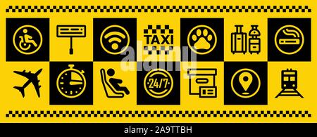 Taxi Service. Icon Set. Call Operator Support Service. Banner. Online mobile application order taxi service horizontal illustration. Baby car seat, lu Stock Vector