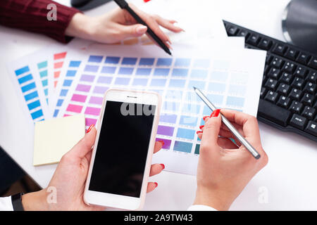 Woman Designer Working On Computer In Office on Modern Desktop Computer Stock Photo